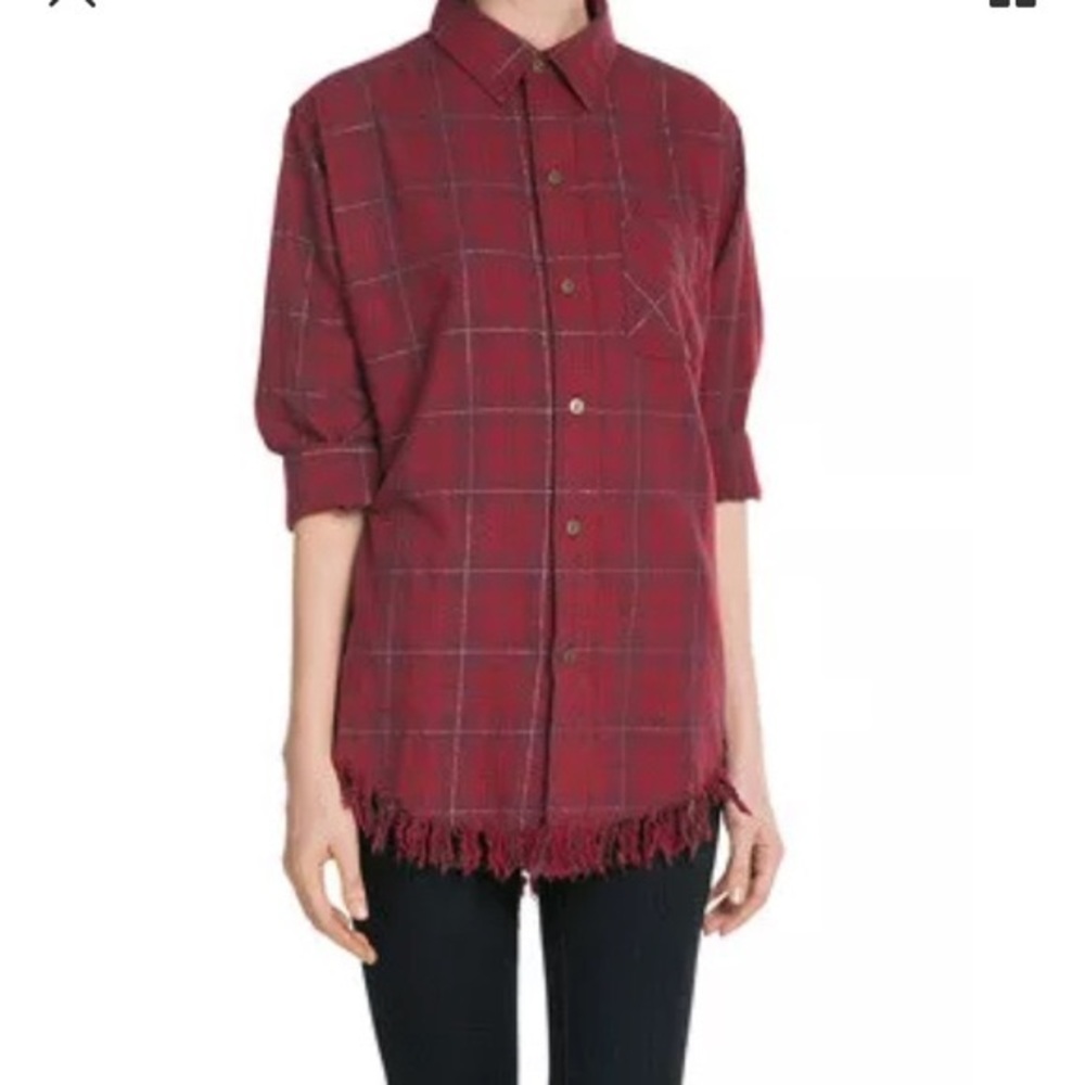 Current Elliott Wine Plaid Flannel Shirt Fringe